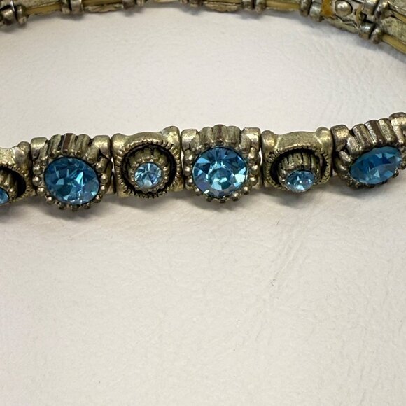 Blue Rhinestone‎ Stretch Bracelet Silver-Tone Retro Vintage Look Classic - Picture 4 of 7